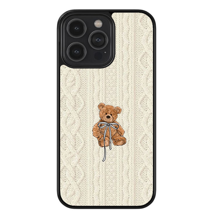 Cream Knit Teddy Bow Glossy Metal TPU Case