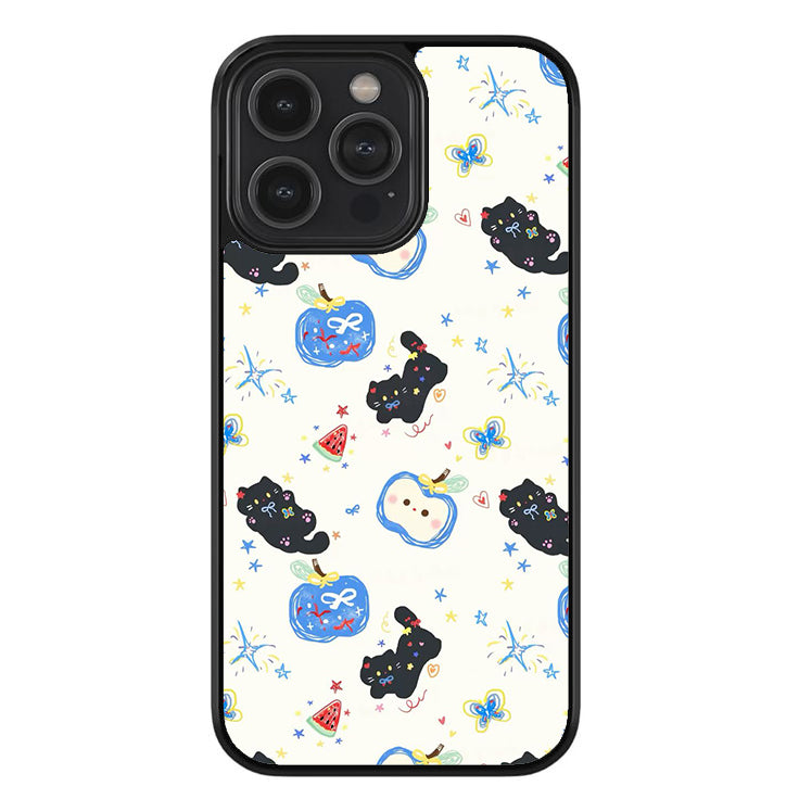 Starry Black Cat Picnic Glossy Metal TPU Case