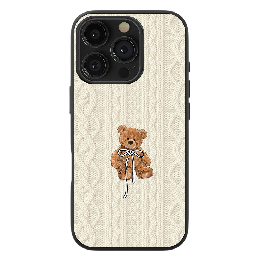 Cream Knit Teddy Bow Premium Tempered Glass Case