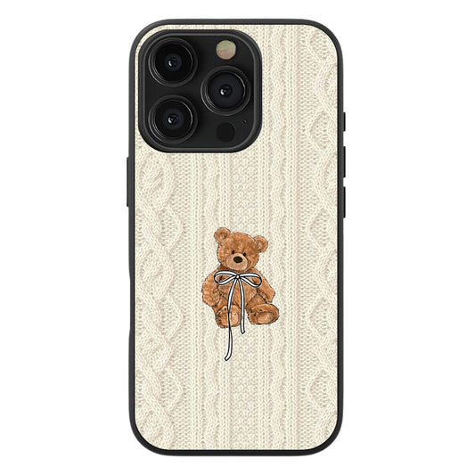 Cream Knit Teddy Bow Premium Tempered Glass Case